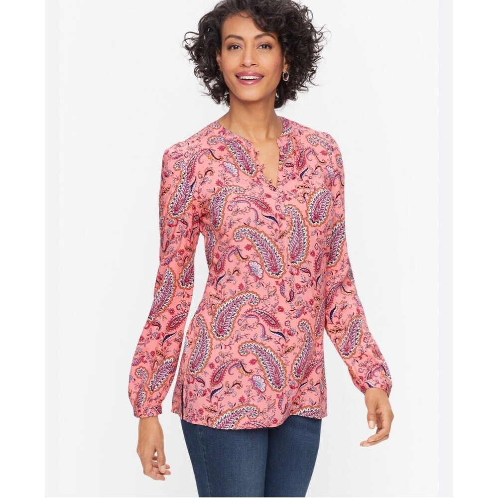 Talbot's Women's Pink Paisley Long Sleeve Band Collar Popover Tunic Blouse LP